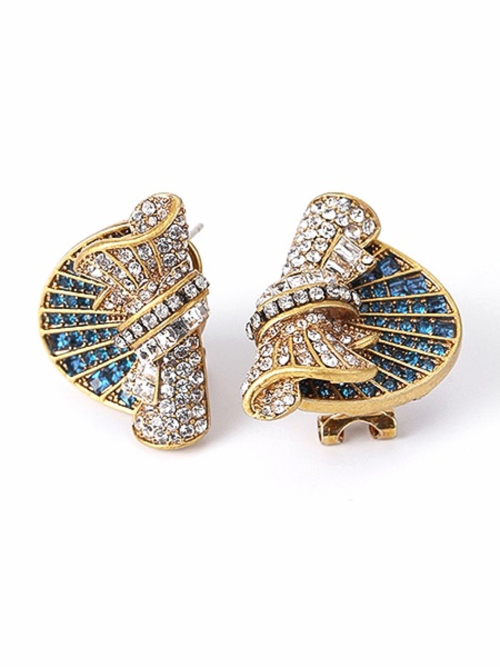 Gold-Tone Blue Crystal Fan Clip-On Earrings with 925 sterling silver posts